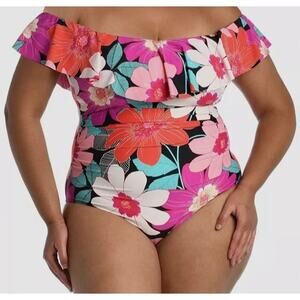 La Blanca One Piece Off Shoulder Swimsuit Size 18W Removable Straps Floral